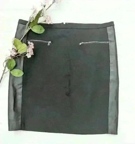 Ann Taylor Black Knit/Faux Leather Pencil Skirt Exposed Zippers - Picture 1 of 4
